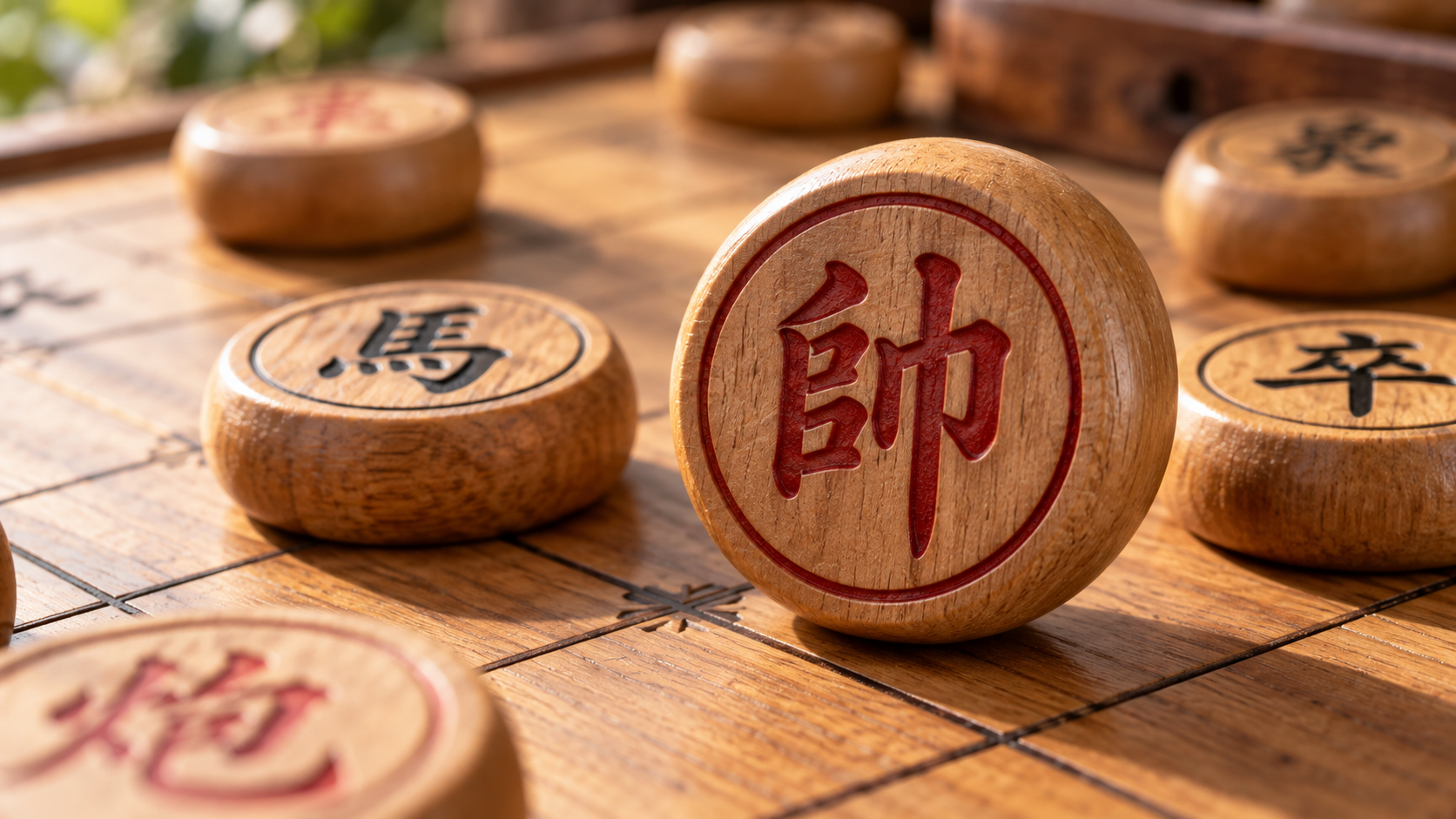 木质棋盘上的红黑象棋子